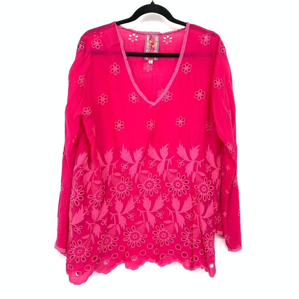 Johnny Was V-Neck Embroidered Crochet Long Sleeve Shirt Womens Sz L Hot Pink